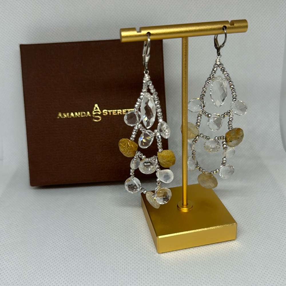 Amanda Sterett silver tone earring with clear brown beads